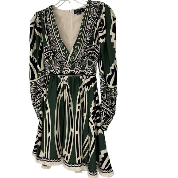 PatBO Dress Size 0 V-Neck Fit Flare Fringe Trim Emerald Green Ivory Print - Picture 7 of 16